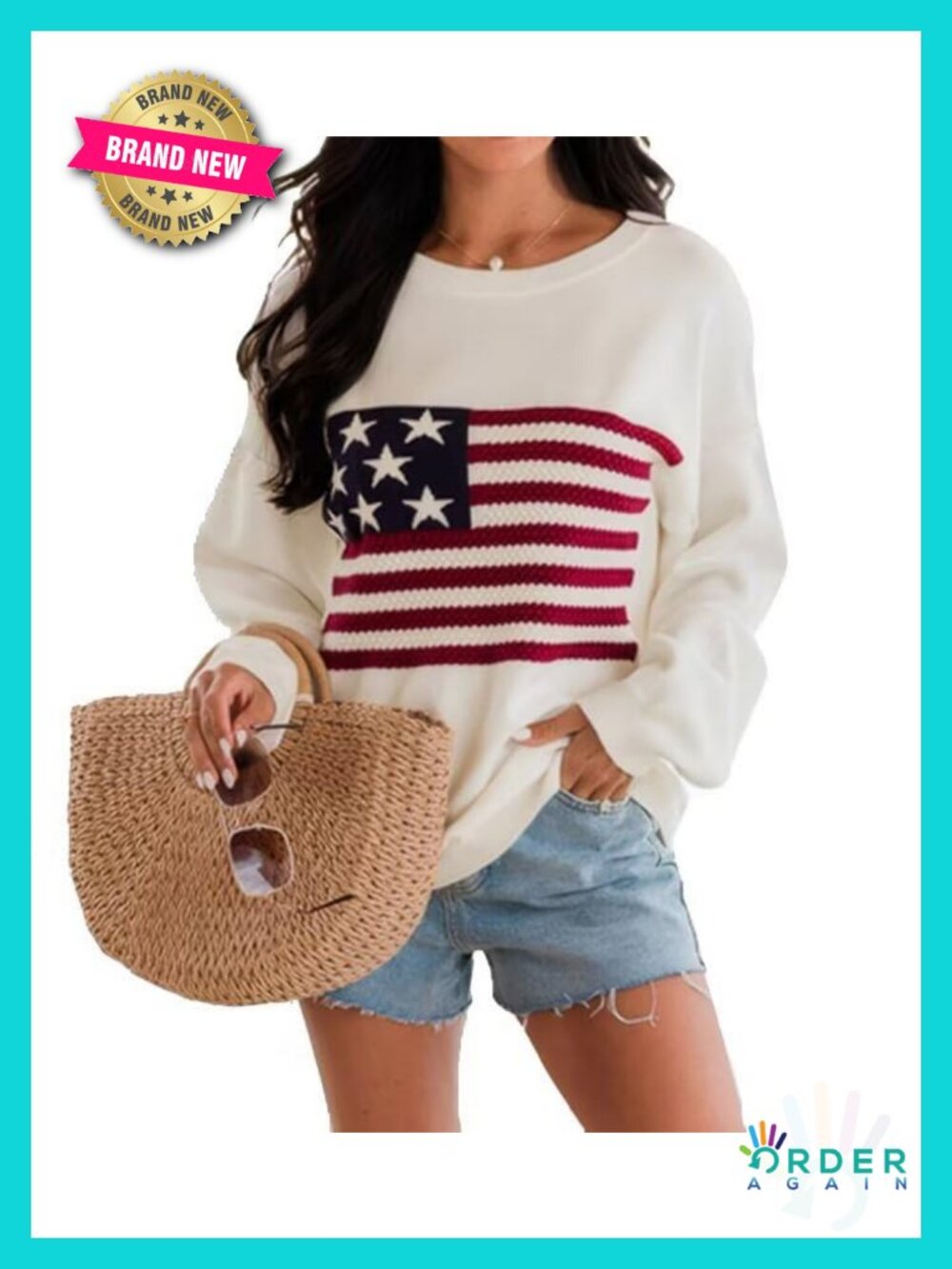 American Flag Knit Sweater Crew Neck Long Sleeve Pullover